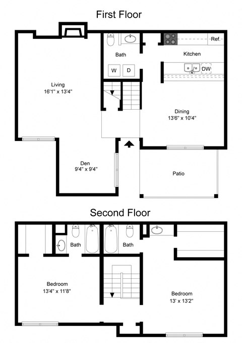 Floor plan for 2 beds, 2.5 baths, 1321 sqft