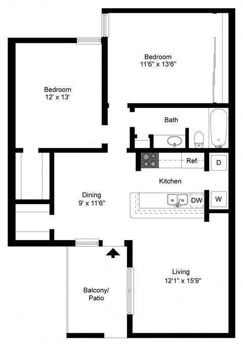Floor plan for 2 beds, 1 bath, 958 sqft