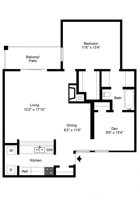 Floor plan for 1 bed, 1 bath, 890 sqft
