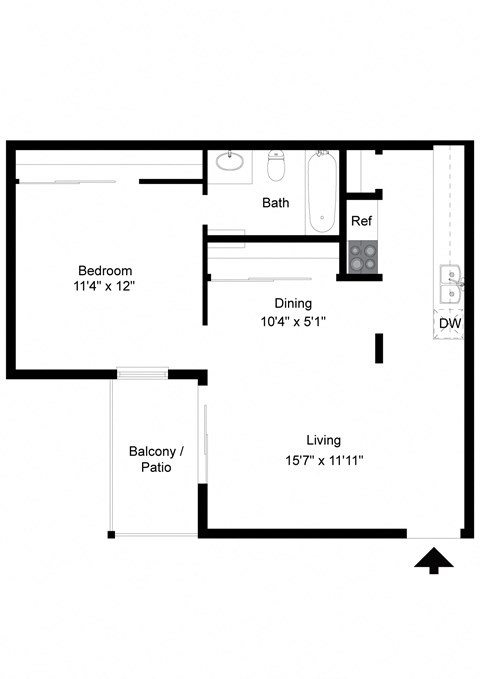 Floor plan for 1 bed, 1 bath, 569 sqft