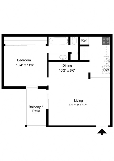Floor plan for 1 bed, 1 bath, 651 sqft