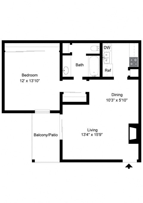 Floor plan for 1 bed, 1 bath, 651 sqft
