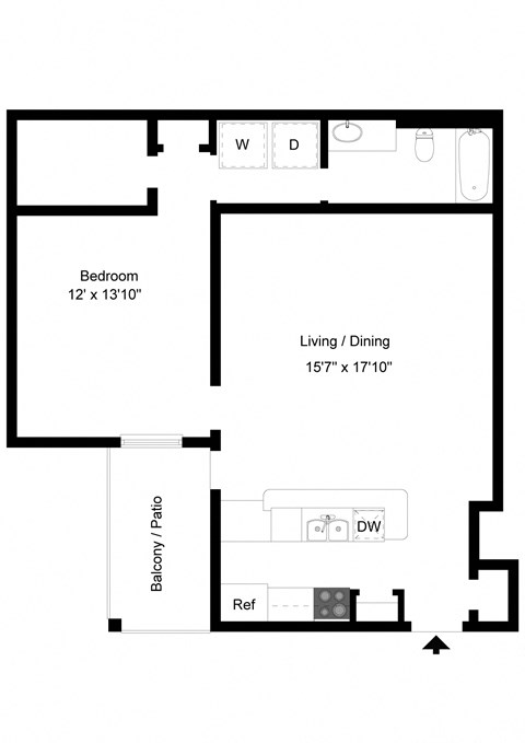Floor plan for 1 bed, 1 bath, 764 sqft
