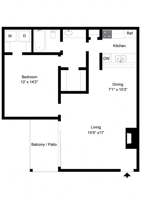 Floor plan for 1 bed, 1 bath, 764 sqft