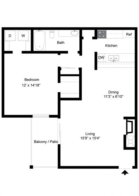 Floor plan for 1 bed, 1 bath, 764 sqft