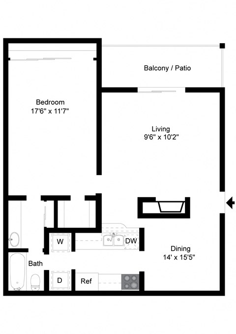 Floor plan for 1 bed, 1 bath, 803 sqft