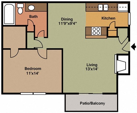 Floor plan for 1 bed, 1 bath, 698 sqft