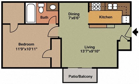 Floor plan for 1 bed, 1 bath, 530 sqft