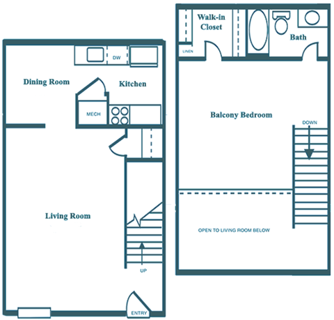 Floor plan for 1 bed, 1 bath, 750 sqft