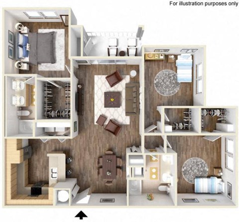 Floor plan for 3 beds, 2 baths, 1370 sqft