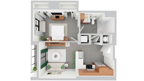 Floor plan for 1 bed, 1 bath, 589 sqft