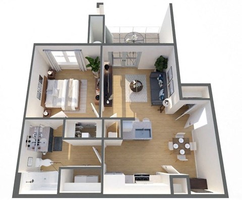 Floor plan for 1 bed, 1 bath, 634 sqft