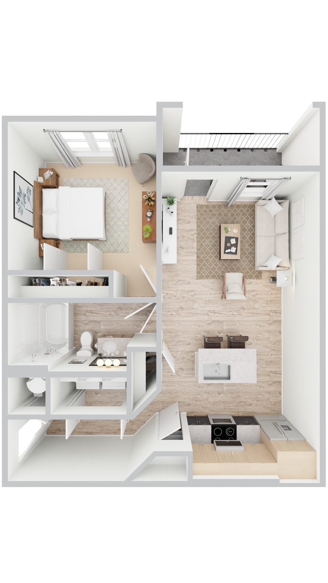 Floor plan for 1 bed, 1 bath, 732 sqft