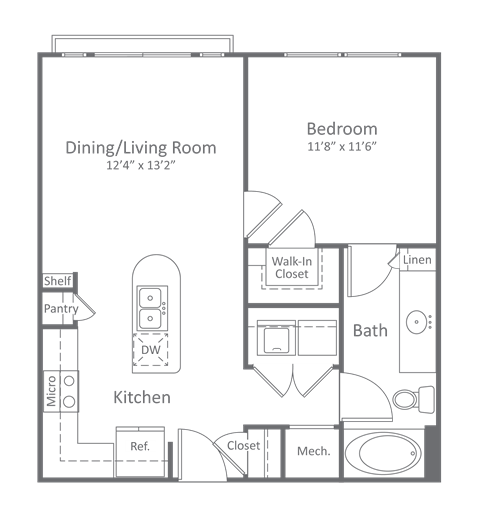 Floor plan for 1 bed, 1 bath, 663 sqft