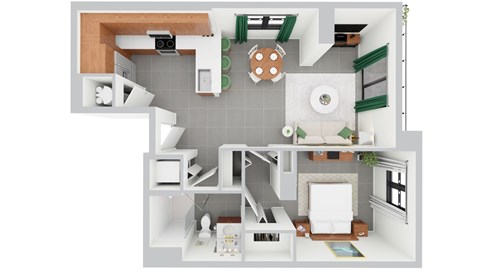 Floor plan for 1 bed, 1 bath, 691 sqft