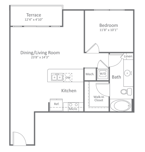 Floor plan for 1 bed, 1 bath, 772 sqft