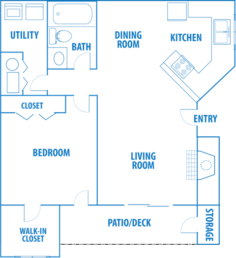 Floor plan for 1 bed, 1 bath, 700 sqft