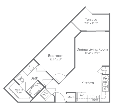 Floor plan for 1 bed, 1 bath, 651 sqft