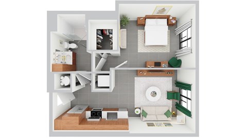 Floor plan for 1 bed, 1 bath, 599 sqft