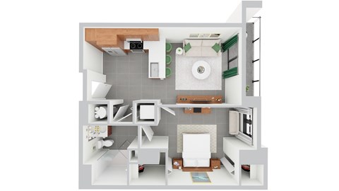 Floor plan for 1 bed, 1 bath, 601 sqft