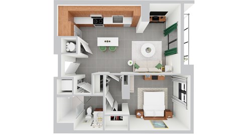 Floor plan for 1 bed, 1 bath, 621 sqft