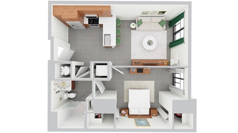 Floor plan for 1 bed, 1 bath, 623 sqft