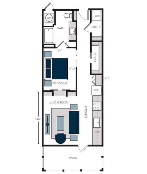 Floor plan for 1 bed, 1 bath, 720 sqft