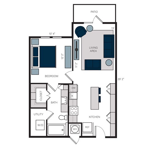 Floor plan for 1 bed, 1 bath, 703 sqft
