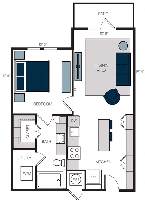 Floor plan for 1 bed, 1 bath, 721 sqft