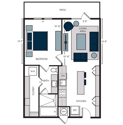 Floor plan for 1 bed, 1 bath, 768 sqft
