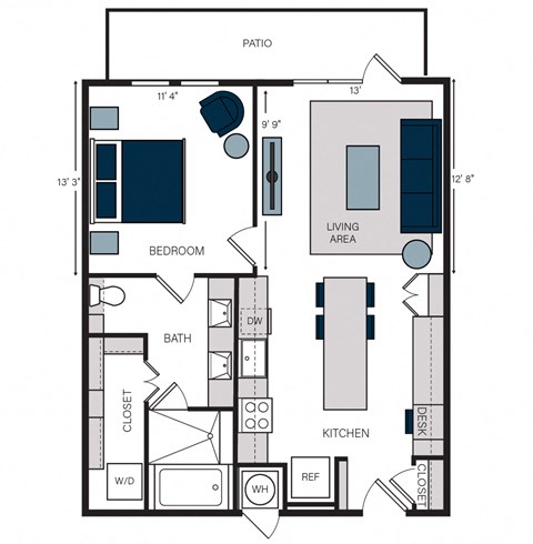 Floor plan for 1 bed, 1 bath, 864 sqft