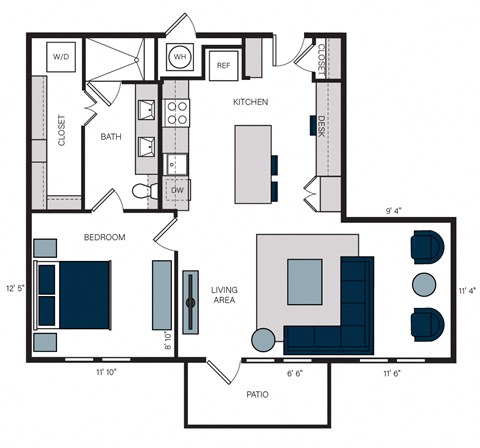 Floor plan for 1 bed, 1 bath, 873 sqft