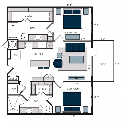 Floor plan for 2 beds, 2 baths, 1006 sqft