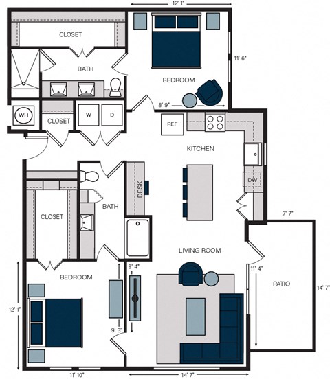 Floor plan for 2 beds, 2 baths, 1283 sqft