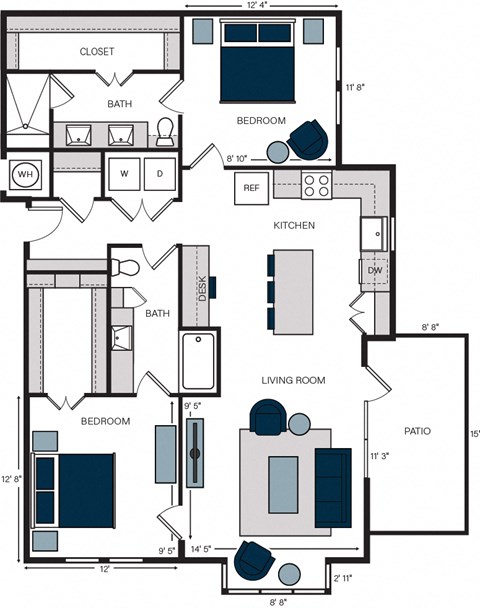 Floor plan for 2 beds, 2 baths, 1313 sqft