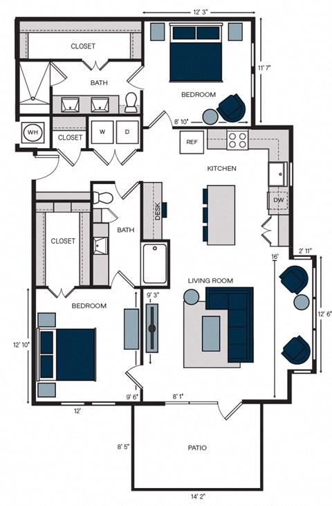 Floor plan for 2 beds, 2 baths, 1358 sqft
