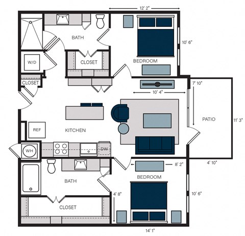 Floor plan for 2 beds, 2 baths, 1058 sqft