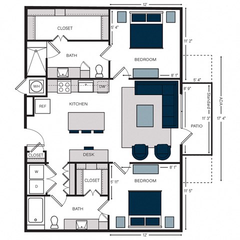 Floor plan for 2 beds, 2 baths, 1134 sqft