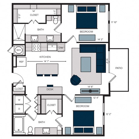 Floor plan for 2 beds, 2 baths, 1190 sqft