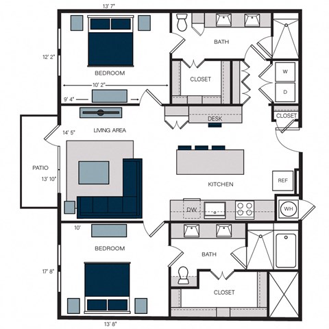 Floor plan for 2 beds, 2 baths, 1296 sqft