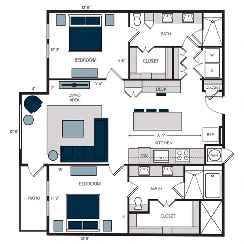 Floor plan for 2 beds, 2 baths, 1380 sqft