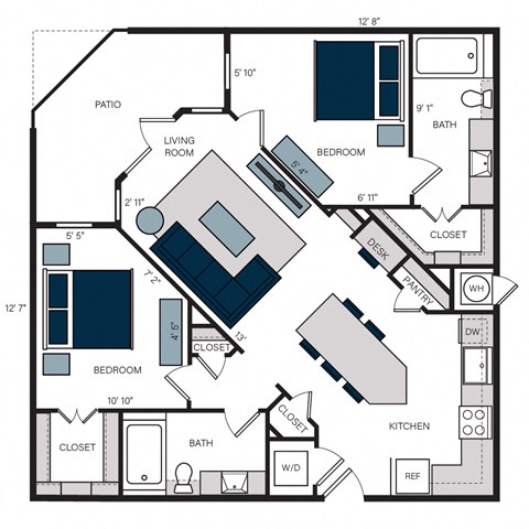 Floor plan for 2 beds, 2 baths, 1136 sqft