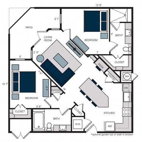 Floor plan for 2 beds, 2 baths, 1113 sqft
