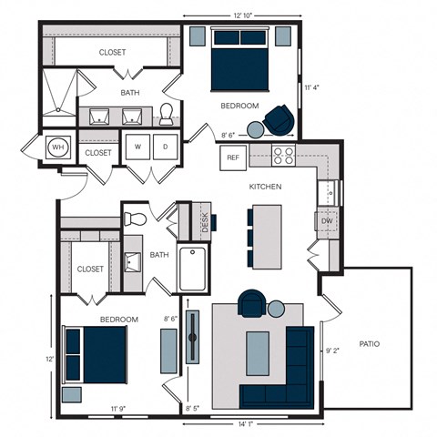 Floor plan for 2 beds, 2 baths, 1201 sqft