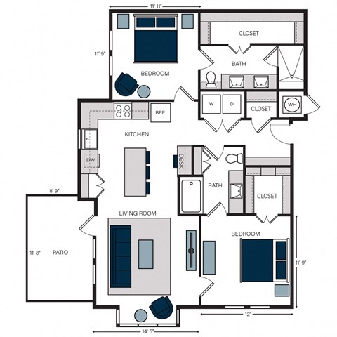 Floor plan for 2 beds, 2 baths, 1228 sqft