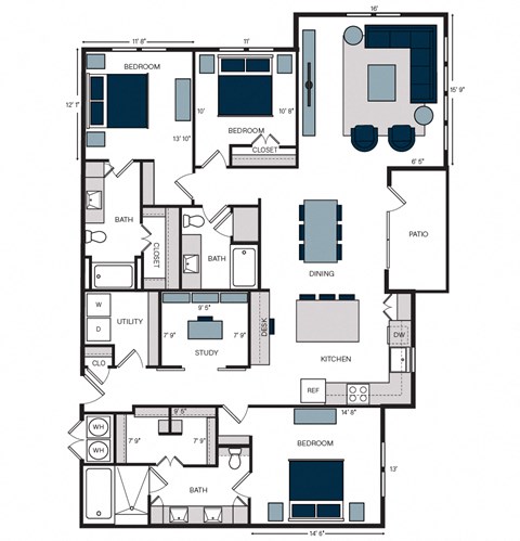 Floor plan for 3 beds, 3 baths, 2037 sqft