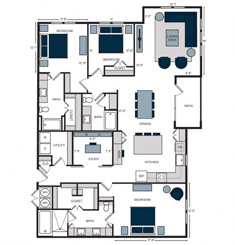 Floor plan for 3 beds, 3 baths, 2078 sqft