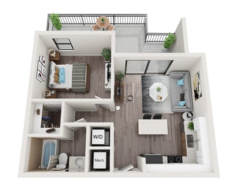 Floor plan for 1 bed, 1 bath, 586 sqft