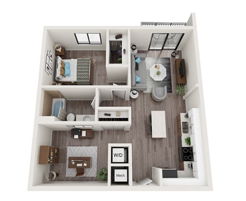 Floor plan for 1 bed, 1 bath, 750 sqft