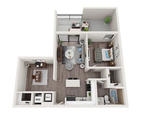 Floor plan for 1 bed, 1 bath, 750 sqft